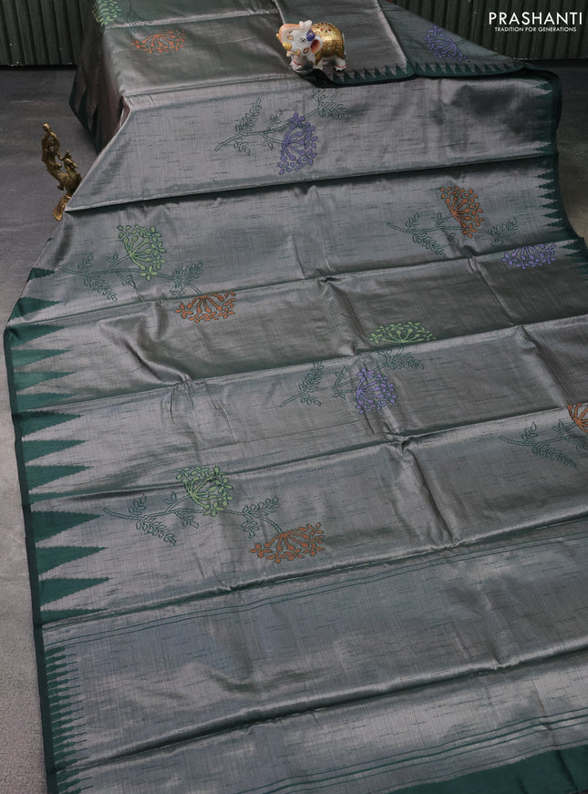 Banarasi matka tissue saree dark green with thread woven buttas and temple design zari woven border