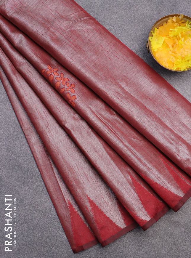 Banarasi matka tissue saree maroon with thread woven buttas and temple design zari woven border