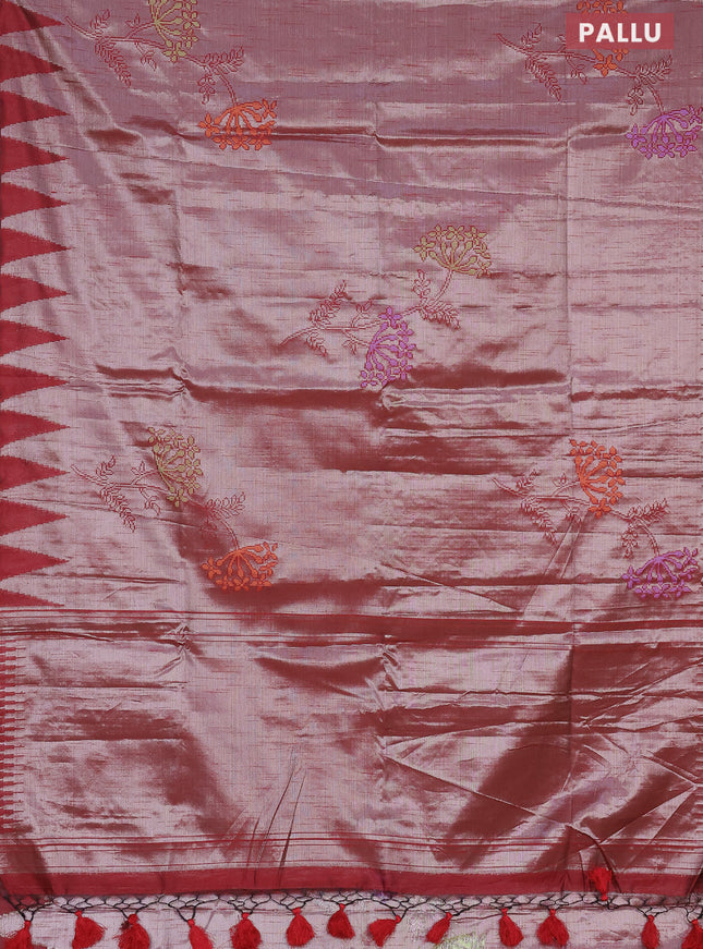 Banarasi matka tissue saree maroon with thread woven buttas and temple design zari woven border