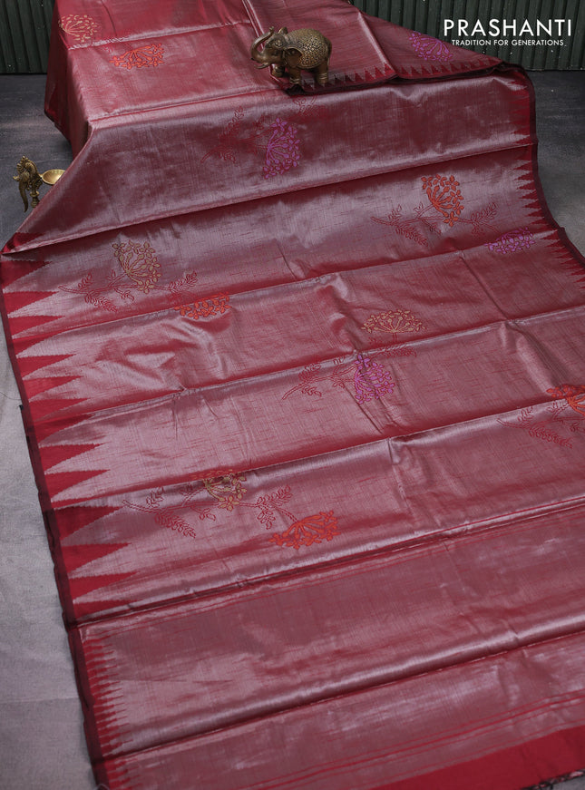 Banarasi matka tissue saree maroon with thread woven buttas and temple design zari woven border