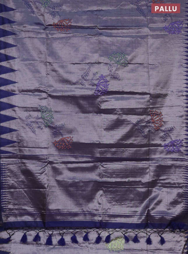 Banarasi matka tissue saree blue with thread woven buttas and temple design zari woven border