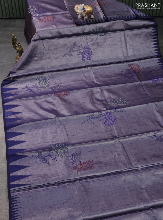 Banarasi matka tissue saree blue with thread woven buttas and temple design zari woven border
