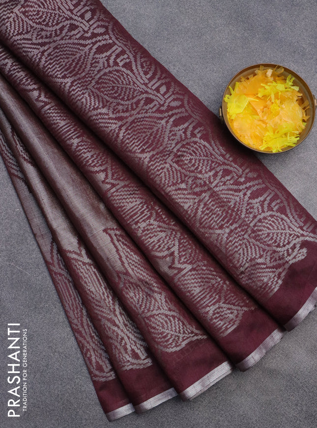 Banarasi matka tissue saree wine shade with allover zari woven brocade weaves and leaf design silver zari woven border