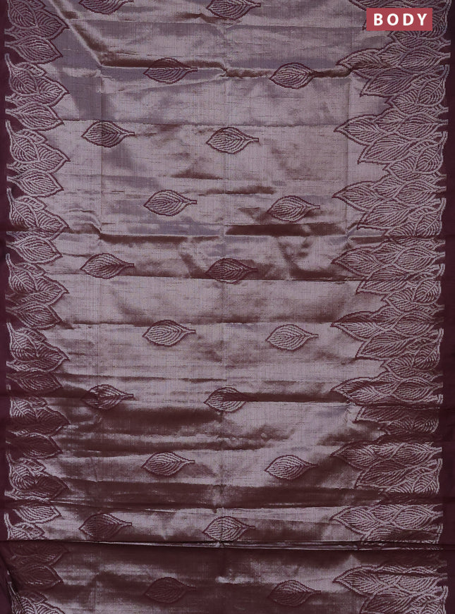 Banarasi matka tissue saree wine shade with allover zari woven brocade weaves and leaf design silver zari woven border