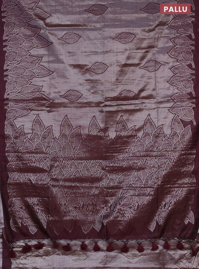 Banarasi matka tissue saree wine shade with allover zari woven brocade weaves and leaf design silver zari woven border