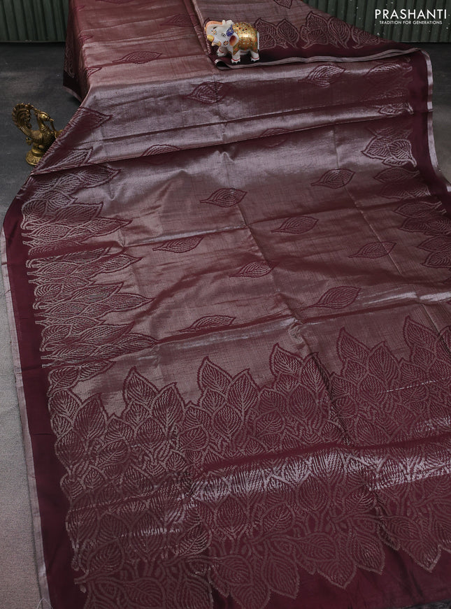 Banarasi matka tissue saree wine shade with allover zari woven brocade weaves and leaf design silver zari woven border