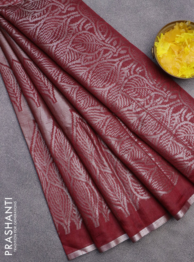 Banarasi matka tissue saree maroon with allover zari woven brocade weaves and leaf design silver zari woven border