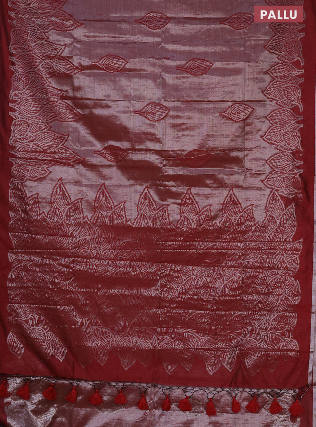 Banarasi matka tissue saree maroon with allover zari woven brocade weaves and leaf design silver zari woven border