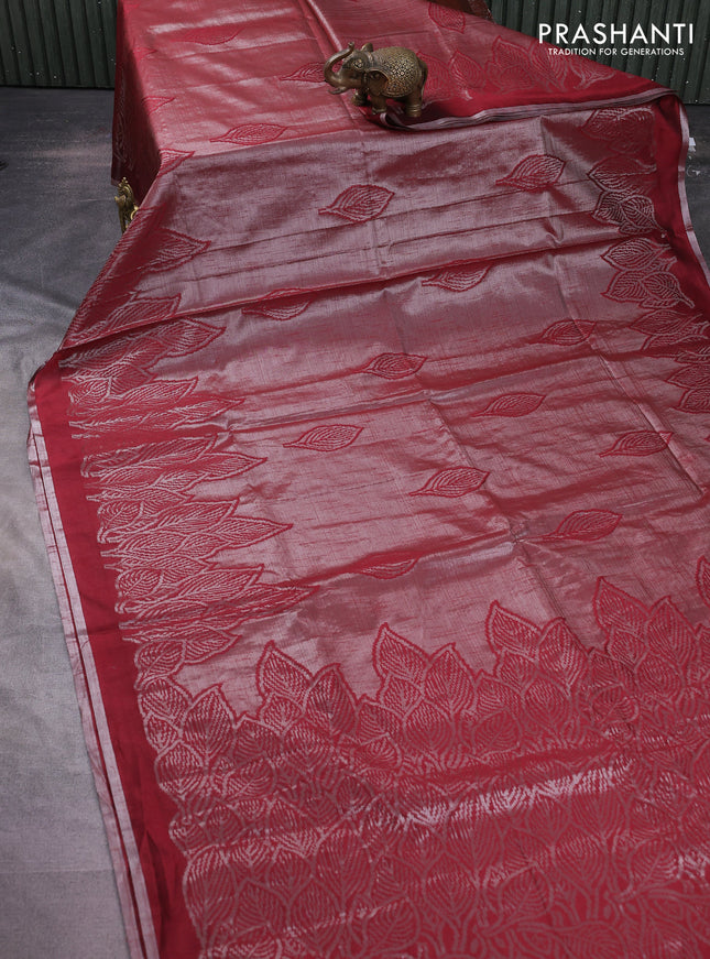 Banarasi matka tissue saree maroon with allover zari woven brocade weaves and leaf design silver zari woven border