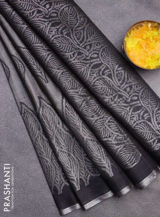 Banarasi matka tissue saree black with allover zari woven brocade weaves and leaf design silver zari woven border