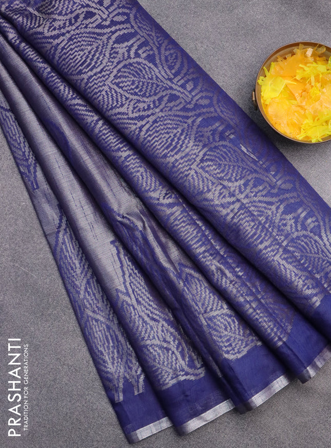 Banarasi matka tissue saree blue with allover zari woven brocade weaves and leaf design silver zari woven border