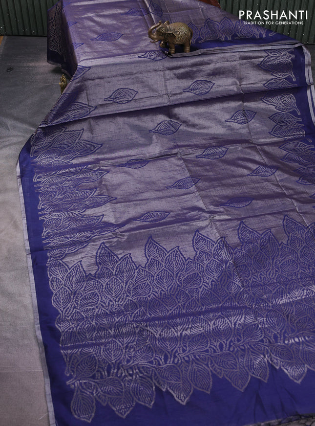 Banarasi matka tissue saree blue with allover zari woven brocade weaves and leaf design silver zari woven border