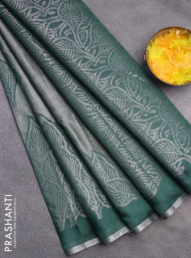 Banarasi matka tissue saree bottle green with allover zari woven brocade weaves and leaf design silver zari woven border