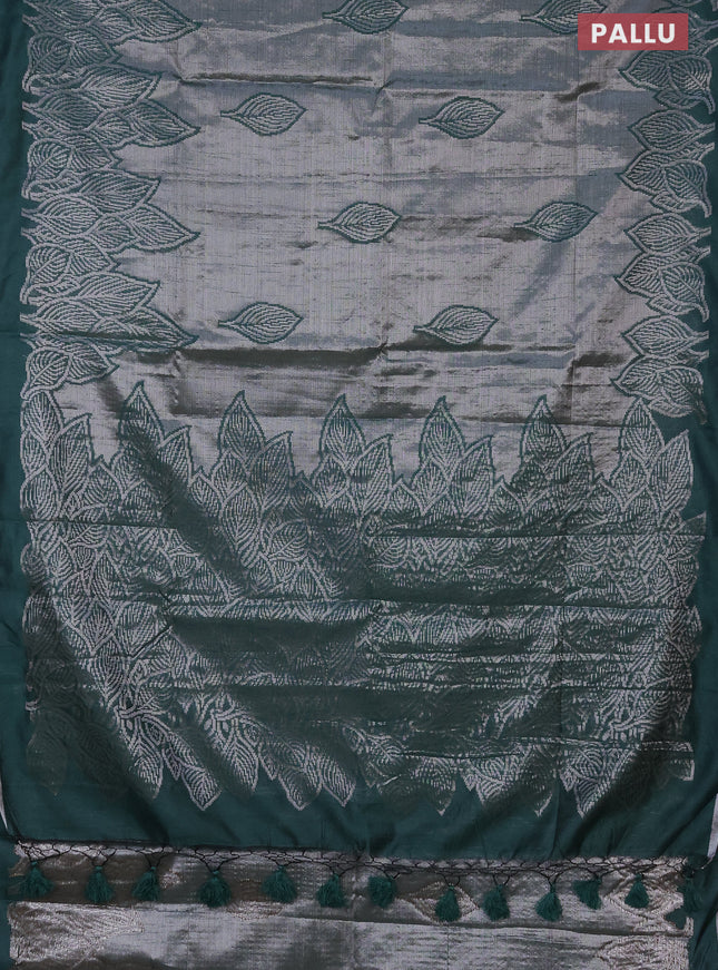 Banarasi matka tissue saree bottle green with allover zari woven brocade weaves and leaf design silver zari woven border