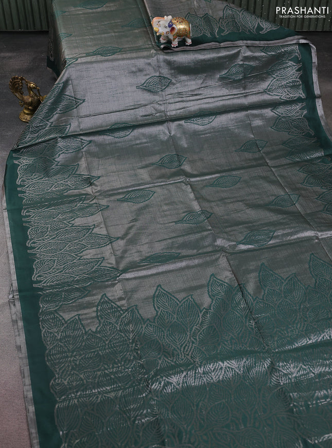 Banarasi matka tissue saree bottle green with allover zari woven brocade weaves and leaf design silver zari woven border