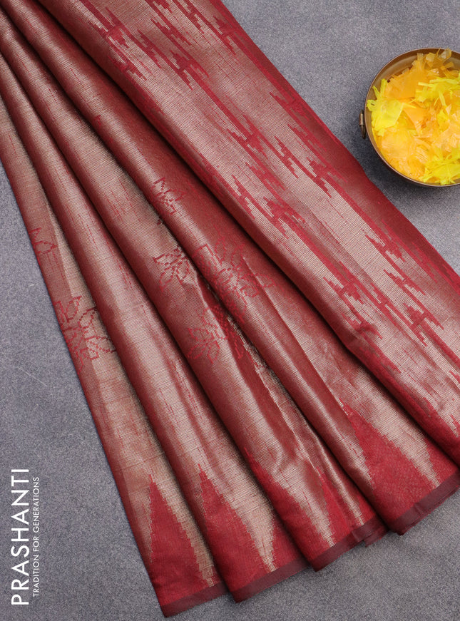 Banarasi matka tissue saree maroon with allover zari woven brocade weaves and temple design border