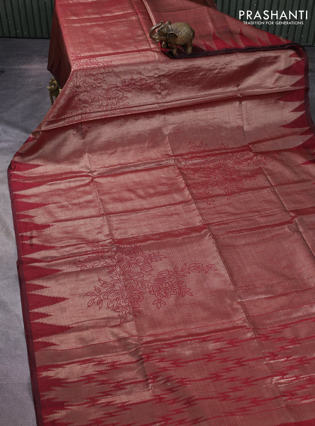 Banarasi matka tissue saree maroon with allover zari woven brocade weaves and temple design border