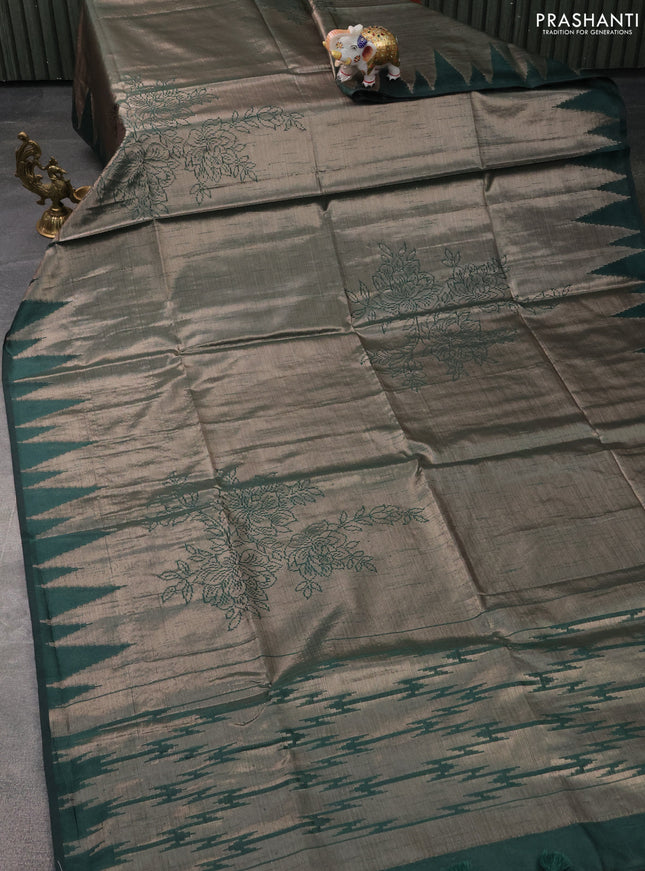 Banarasi matka tissue saree bottle green with allover zari woven brocade weaves and temple design border