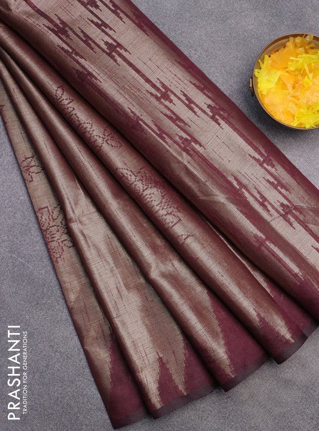 Banarasi matka tissue saree wine shade with allover zari woven brocade weaves and temple design border