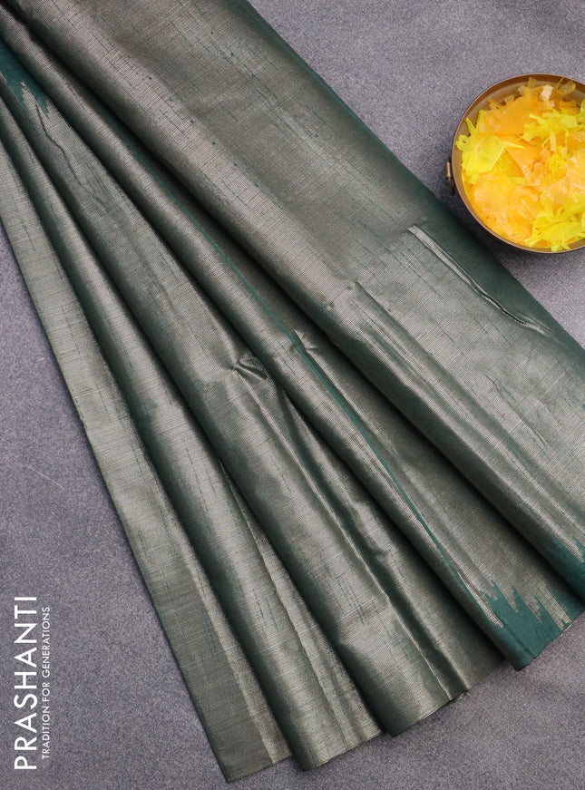 Banarasi matka tissue saree dark green with thread & zari woven buttas and long temple design zari woven border