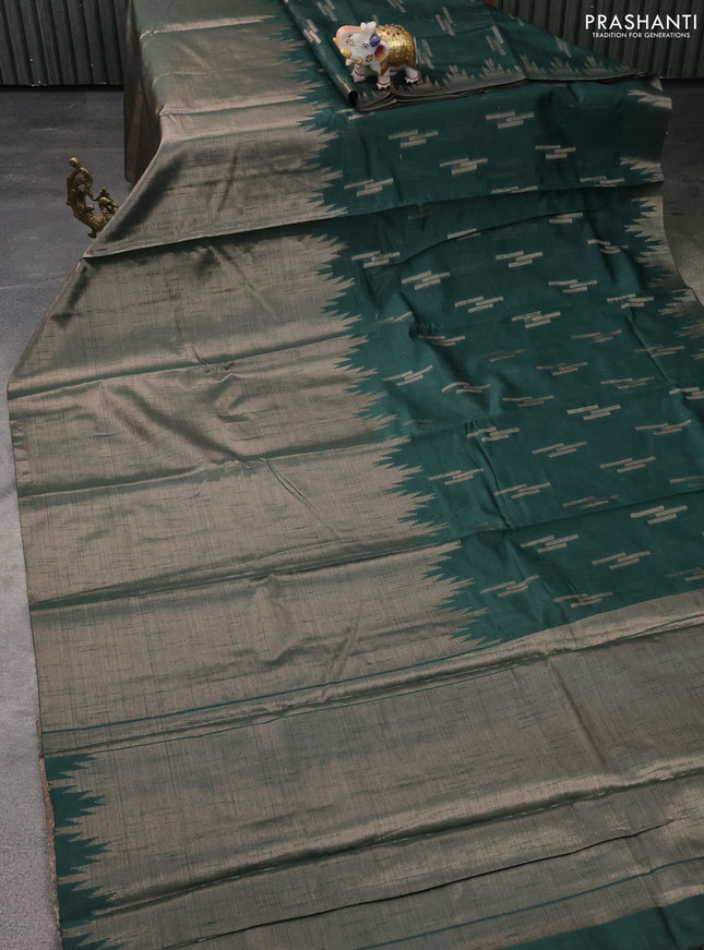 Banarasi matka tissue saree dark green with thread & zari woven buttas and long temple design zari woven border