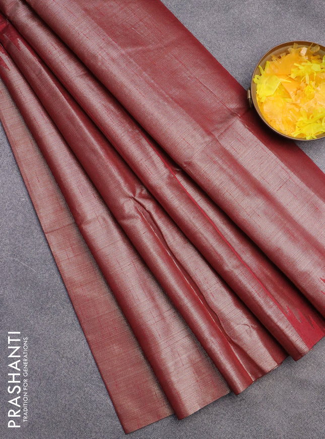 Banarasi matka tissue saree maroon with thread & zari woven buttas and long temple design zari woven border