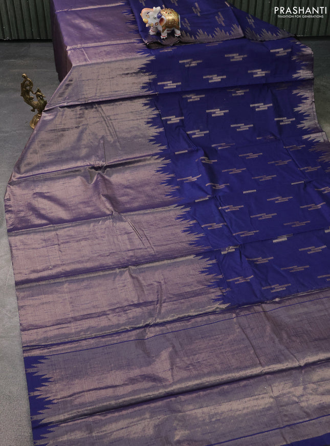 Banarasi matka tissue saree blue with thread & zari woven buttas and long temple design zari woven border
