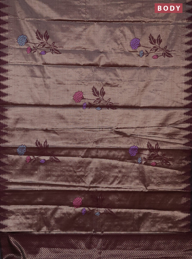 Banarasi matka tissue saree wine shade with thread woven buttas and temple design zari woven border