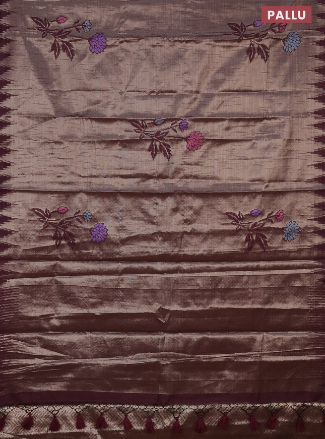 Banarasi matka tissue saree wine shade with thread woven buttas and temple design zari woven border