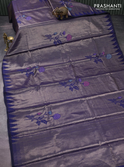 Banarasi matka tissue saree blue with thread woven buttas and temple design zari woven border