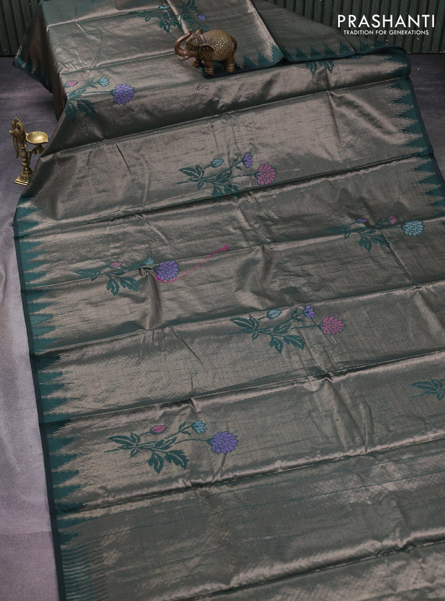 Banarasi matka tissue saree dark green with thread woven buttas and temple design zari woven border