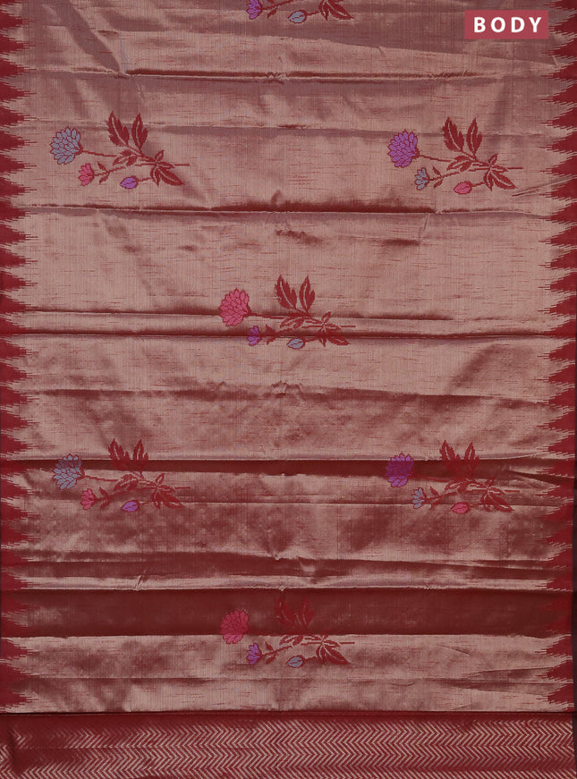 Banarasi matka tissue saree maroon with thread woven buttas and temple design zari woven border