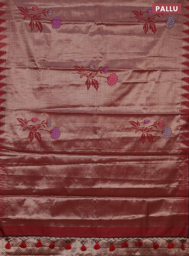 Banarasi matka tissue saree maroon with thread woven buttas and temple design zari woven border