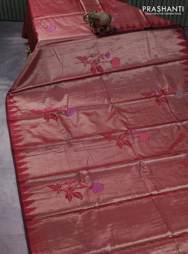 Banarasi matka tissue saree maroon with thread woven buttas and temple design zari woven border