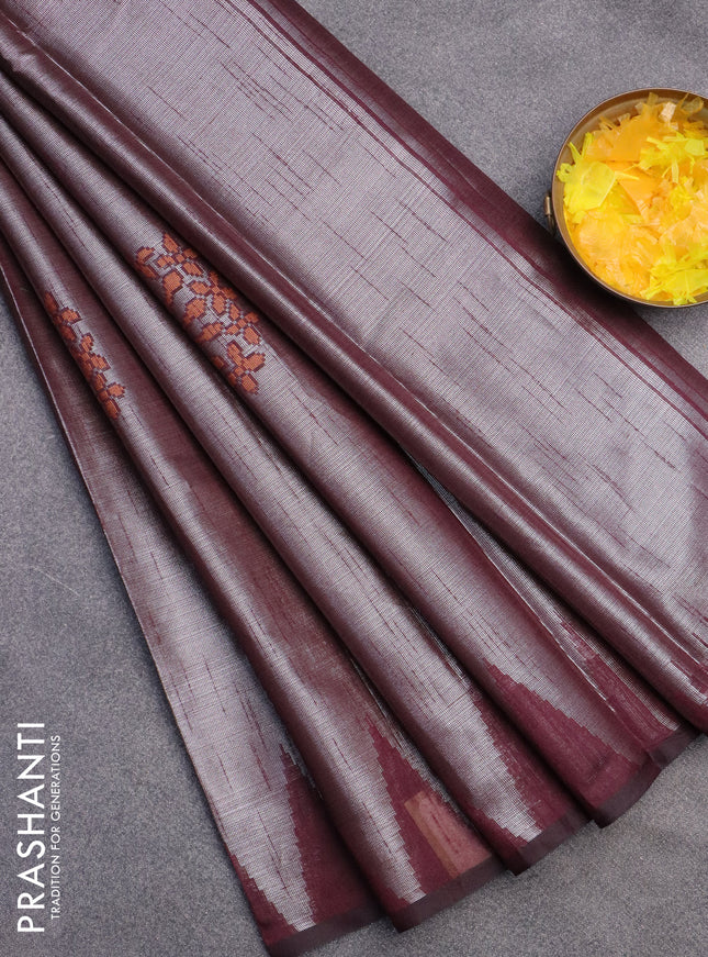 Banarasi matka tissue saree wine shade with thread woven buttas and temple design zari woven border