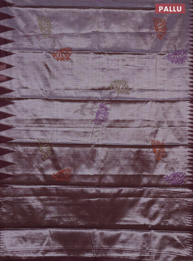 Banarasi matka tissue saree wine shade with thread woven buttas and temple design zari woven border