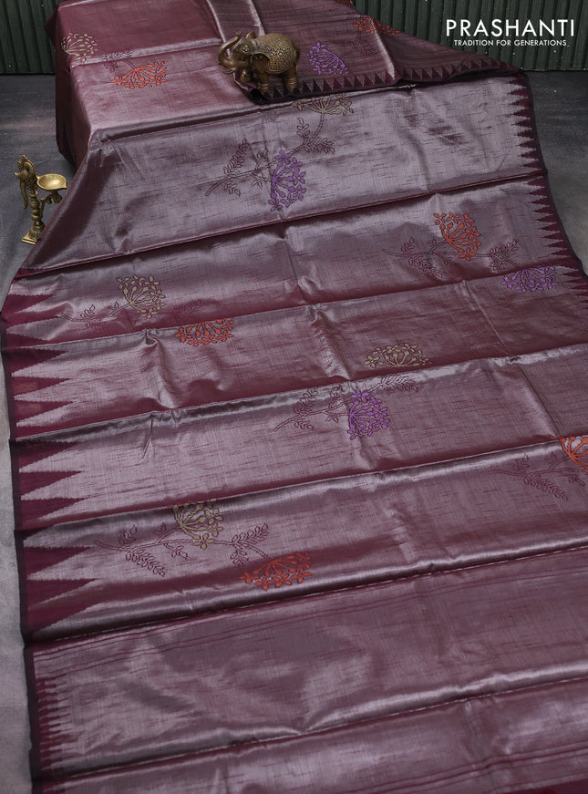 Banarasi matka tissue saree wine shade with thread woven buttas and temple design zari woven border