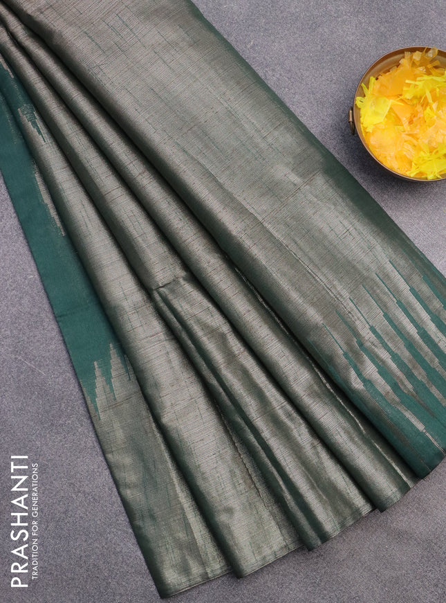 Banarasi matka tissue saree dark green with thread & zari woven buttas and long temple design zari woven border