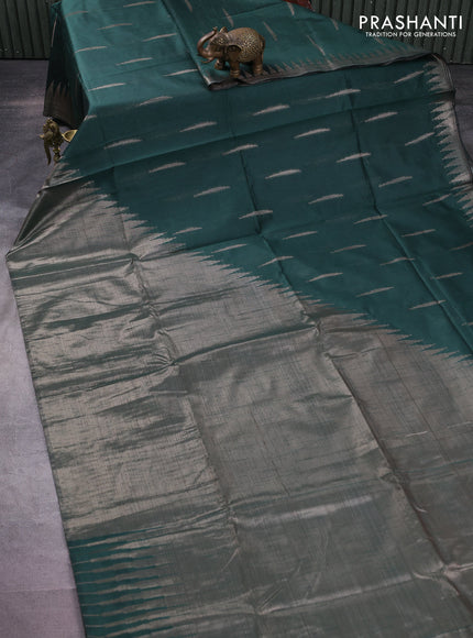 Banarasi matka tissue saree dark green with thread & zari woven buttas and long temple design zari woven border