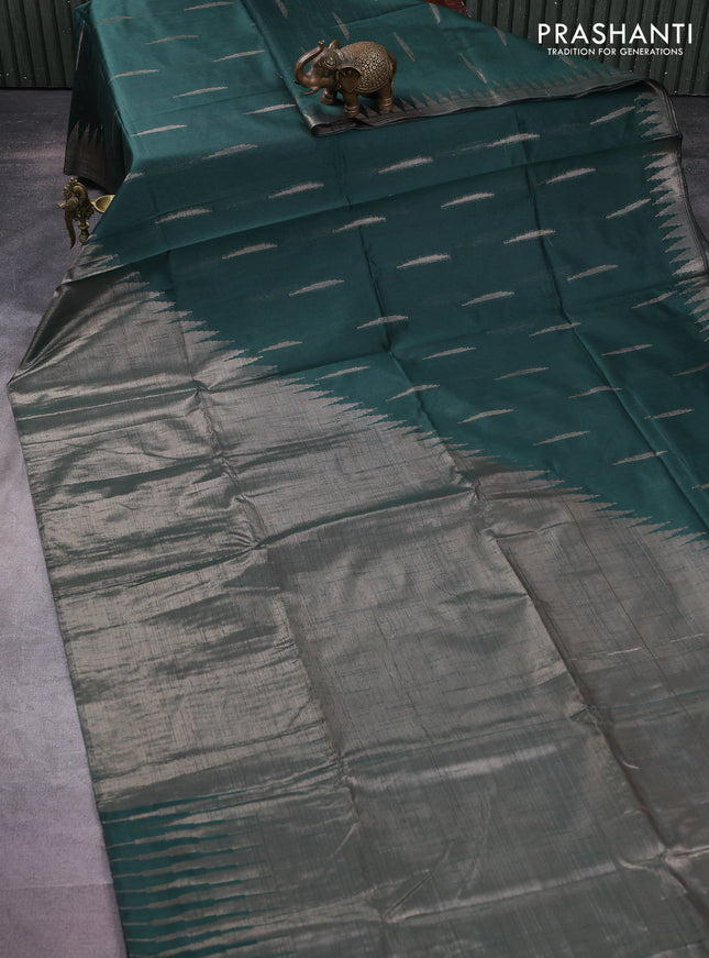 Banarasi matka tissue saree dark green with thread & zari woven buttas and long temple design zari woven border