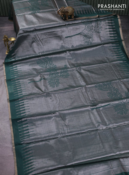 Banarasi matka tissue saree dark green with woven buttas and temple design border