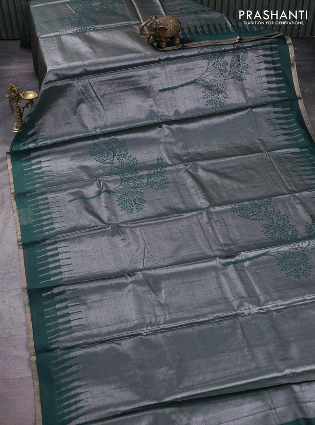 Banarasi matka tissue saree dark green with woven buttas and temple design border