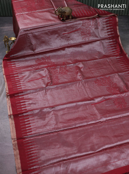 Banarasi matka tissue saree maroon with woven buttas and temple design border