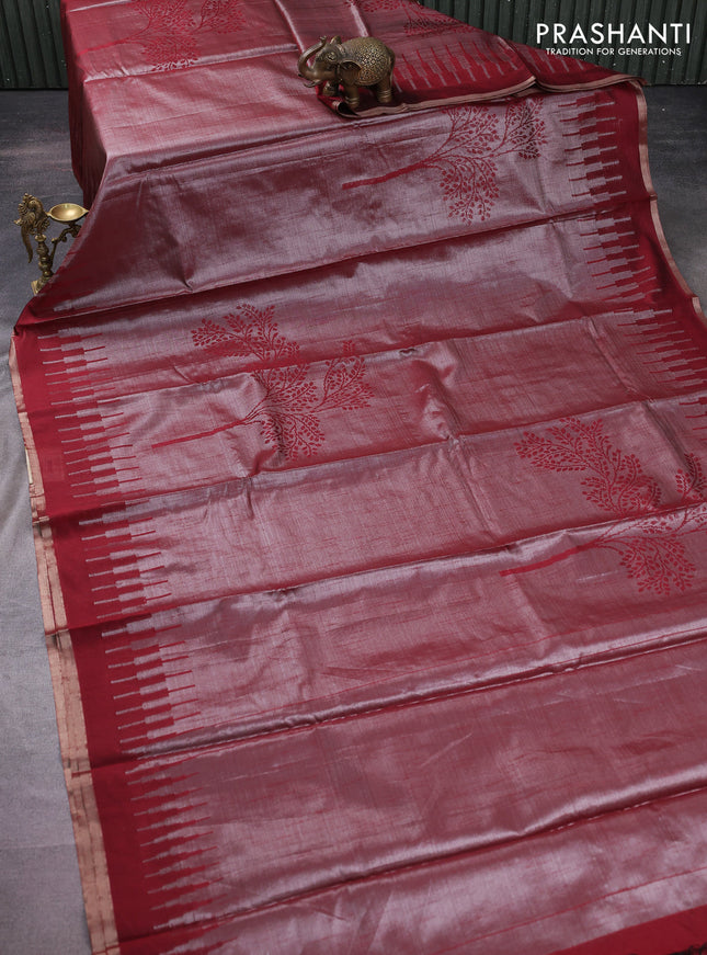 Banarasi matka tissue saree maroon with woven buttas and temple design border