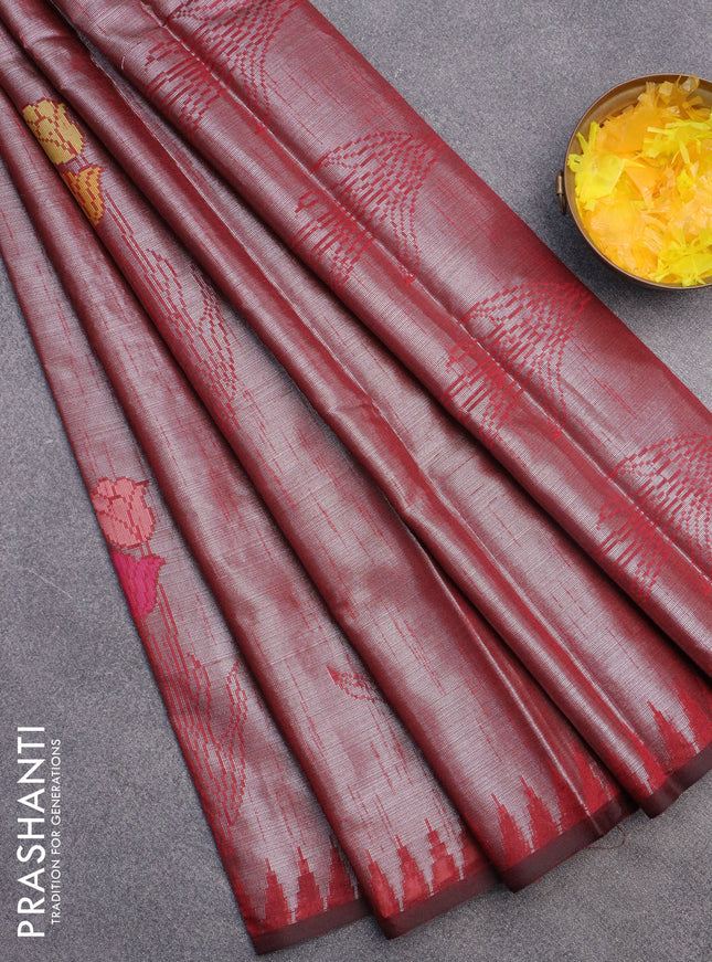 Banarasi matka tissue saree maroon with woven buttas and temple design border