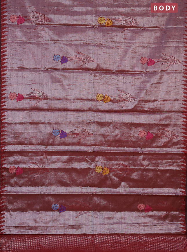 Banarasi matka tissue saree maroon with woven buttas and temple design border