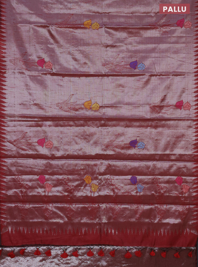 Banarasi matka tissue saree maroon with woven buttas and temple design border