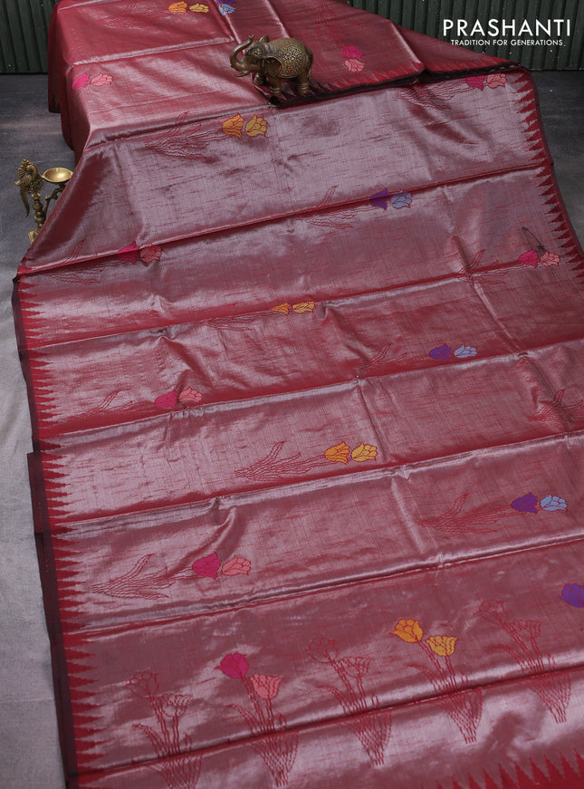 Banarasi matka tissue saree maroon with woven buttas and temple design border