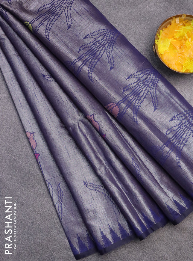 Banarasi matka tissue saree navy blue with woven buttas and temple design border
