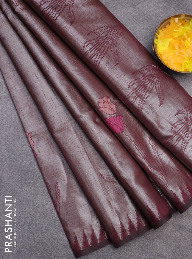 Banarasi matka tissue saree wine shade with woven buttas and temple design border